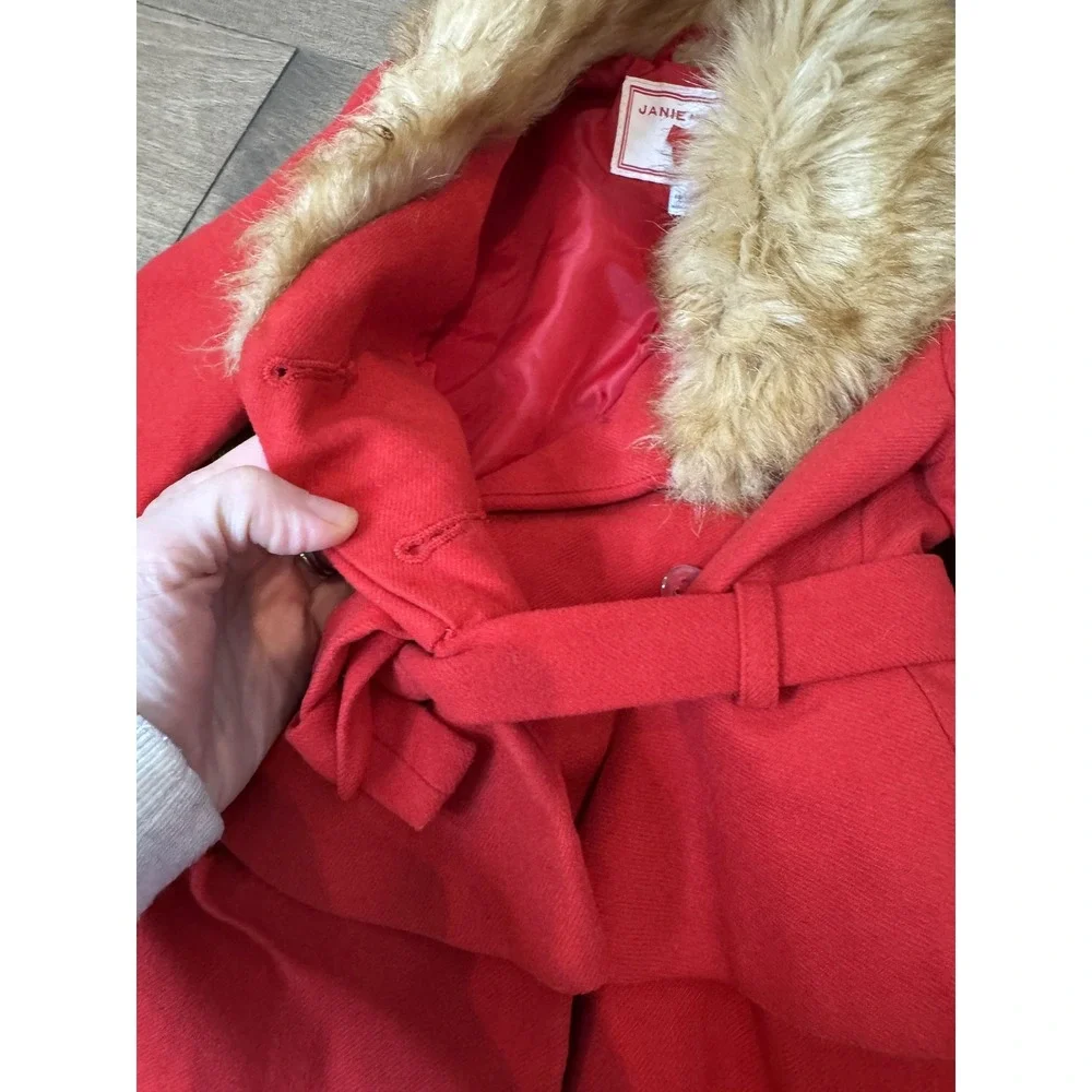 Janie and Jack Coat Girls 18-24 Months Red Faux Fur Collar Belted‎ Peplum Ruffle